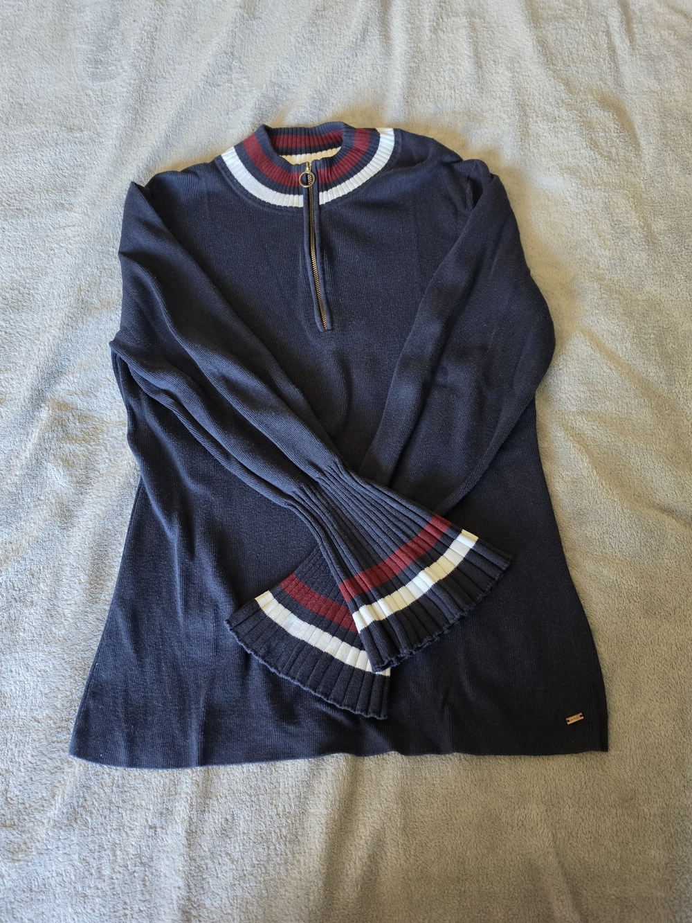 Tommy Hilfiger Navy Half-Zip Crewneck Sweater with Red and White Stripe Trim